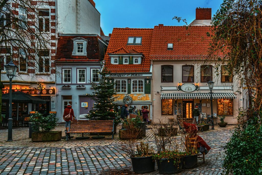 a cobblestone street in a european city